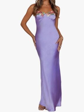 Purple Floral-Trim Satin Slip Dress